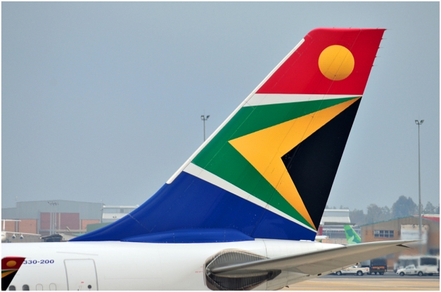 The bright and beautiful tail of a SAA aircraft.